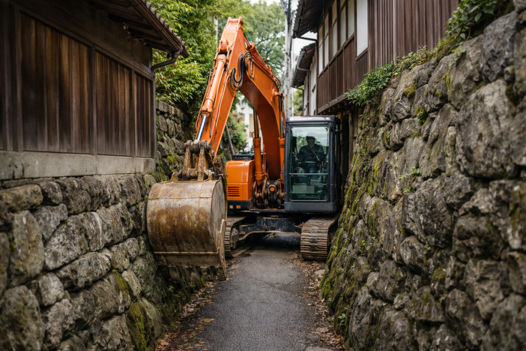 京都の狭い道路をショベルカーが通過する様子