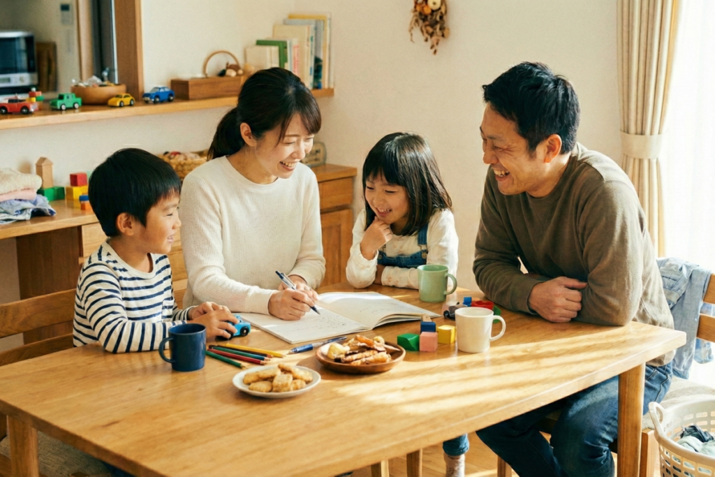 リビングで余暇を楽しむ家族の画。