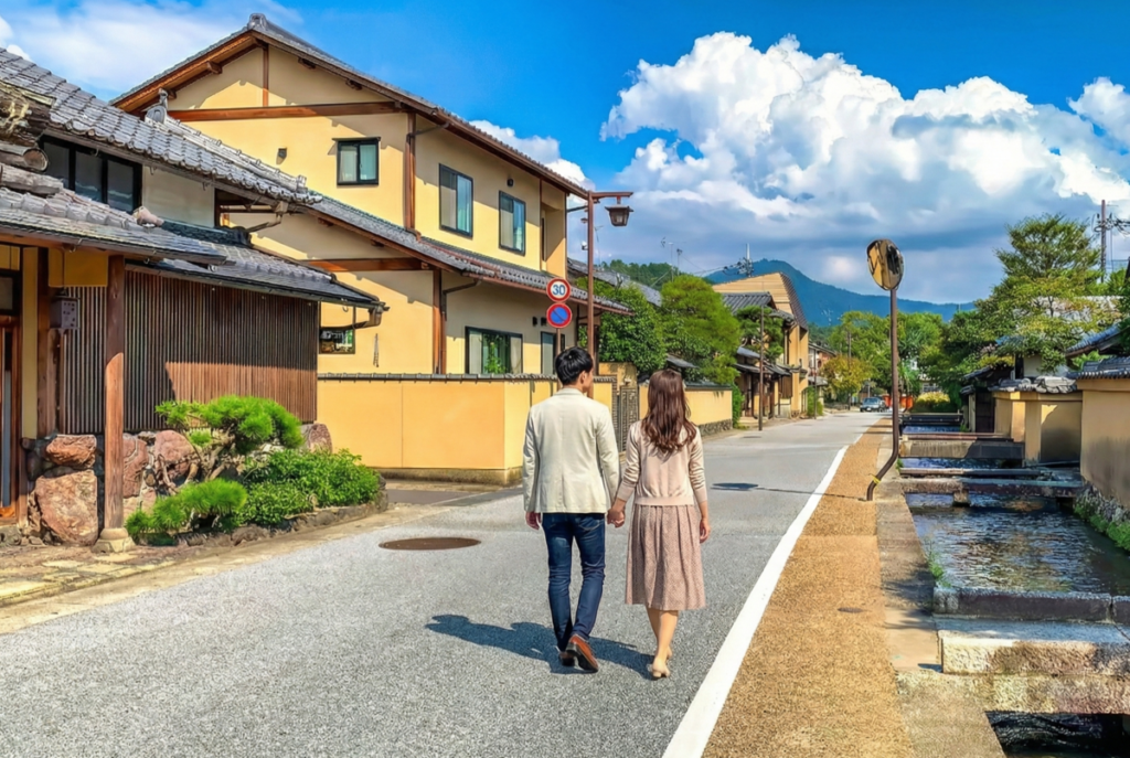 夫婦で土地を検討するために地域を散策する夫婦。