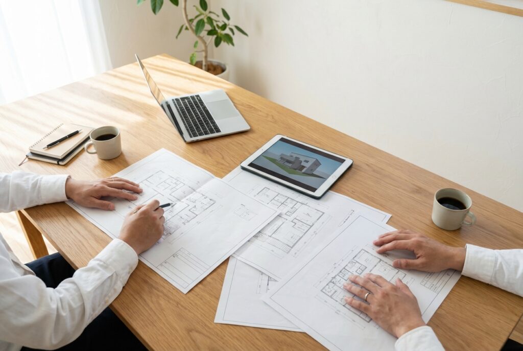 テーブルに広げられた複数の建築図面を前に、予算の枠内で理想の住まいをどう形にするか検討を進める設計打ち合わせの様子。