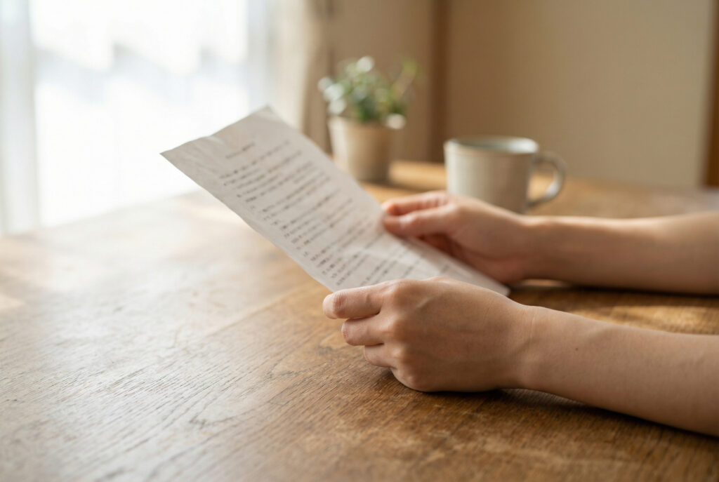 家を建てる前に確認すべき資金計画の重要ポイントがまとめられた書類を、手元でじっくりと確認している様子。