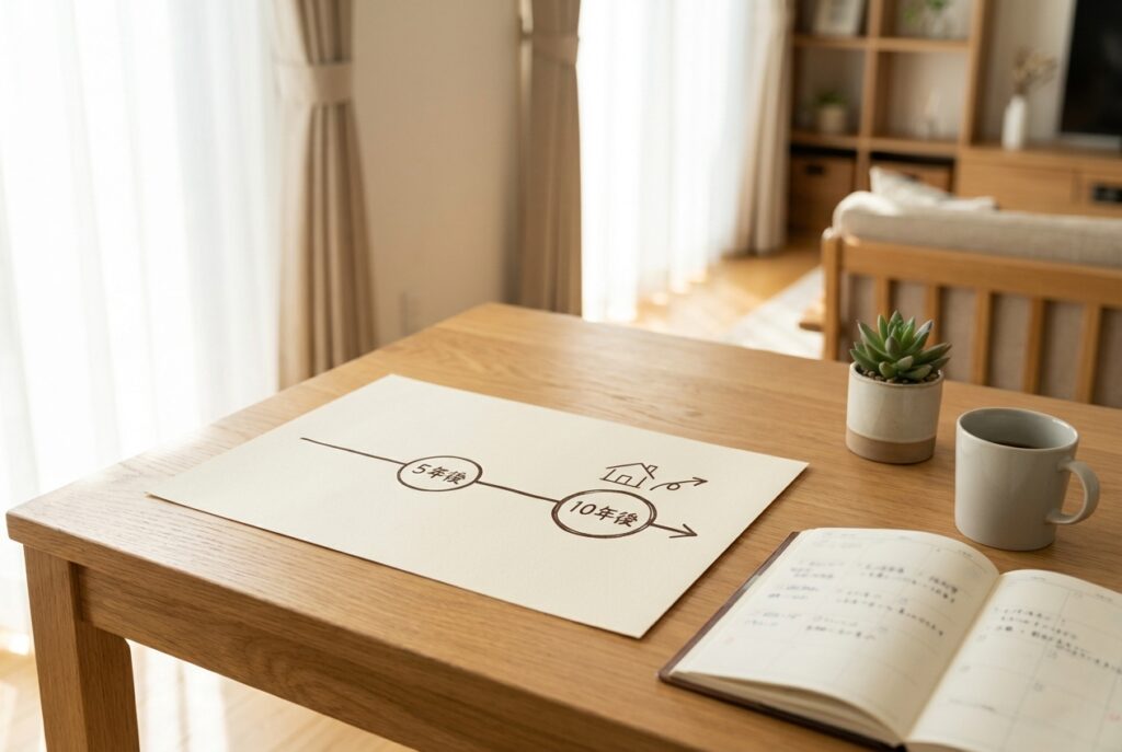 木のテーブルに置かれた、将来のライフイベントと住宅ローンの返済期間を可視化したシンプルな資金計画の図解。