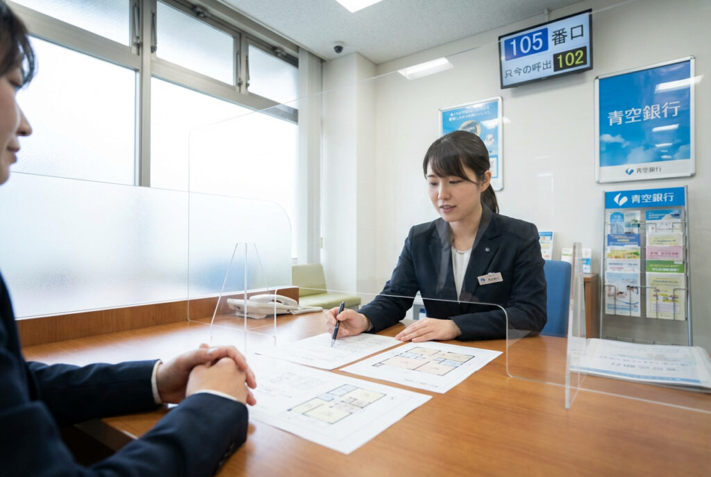 金融機関の窓口で住宅ローンの相談を行う様子。審査の基準となる返済負担率や借入上限額について担当者から説明を受けているシーン。