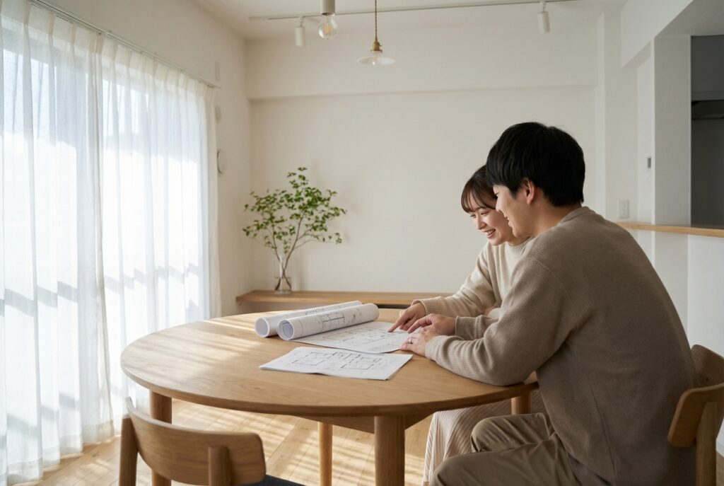陽光が差し込むリビングで、木のテーブルを囲みながら家づくりの資料を真剣に見つめる若い夫婦。これからの暮らしを計画する安心感のある打ち合わせ風景。